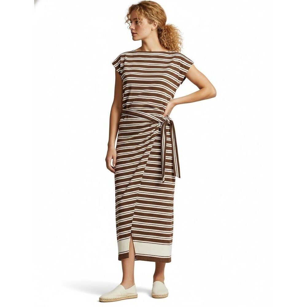 NWT Polo Ralph Lauren Striped Jersey Wrap Tee Midi in Brown Stripe Dress S